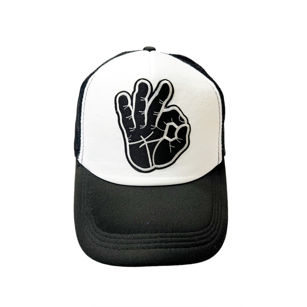 Black & White Trucker Hat – OK Hand Sign Embroidered Mesh Snapback